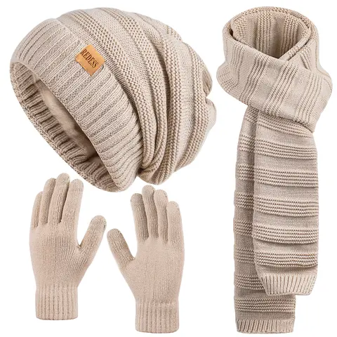 REDESS Women's 3-Piece Knitted Fleece-Lined Fashion Accessory Set - Outdoor Casual Warm Loose Hat, Scarf, Warm Fleece-Lined Thick Gloves for Daily Sports & Adults, Outdoor Casual Use