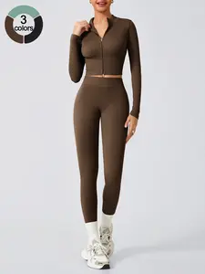 Two piece set women's sports suit zipper jacket long sleeved high waisted pants high stretch ribbed yoga suit fitness suit outdoor running cycling women's sports suit Athleisure Wear Set