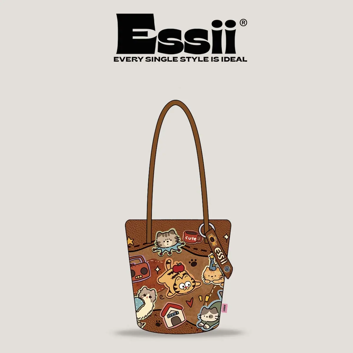 Essii Bucket Meow Meetup Casual Versatile Tech Fabric Cute Shoulder Bag Crossbody Bag Printed Cloth Washable Fade-Resistant Durable Original High-Quality Daily Use