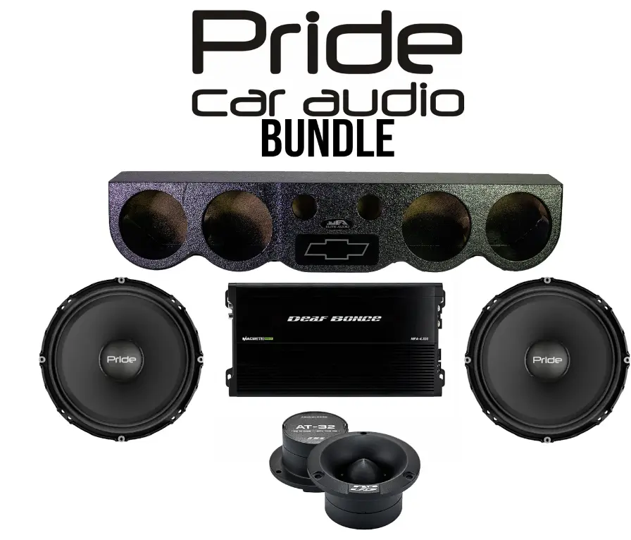 Pride Car Audio Bundle – 38" Universal Sound Bar Pod + (2) Solo 300 6.5" 300W Midrange Speakers + AT-32 Tweeters + Machete Fight MFA-4.320 4-Channel Amp