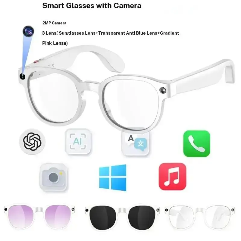 Multi-functional AI Smart Glasses 2MP Camera, Sunglasses with Cameras, 1080P Video Recording, 3 Lens(Sunglasses +Anti Blue Lens+Gradient), 270Mah Battery, AI Translation, BT Calling, Portable Sports Eyewear, Wearable