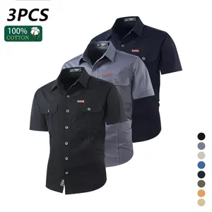 Men’s 3-pack summer breathable pure cotton short-sleeve shirts, available in multiple colors; workwear short-sleeve tops for men, suitable for everyday wear and commuting; front multi-pocket design—practical, minimalist, and premium. A great gift choice f