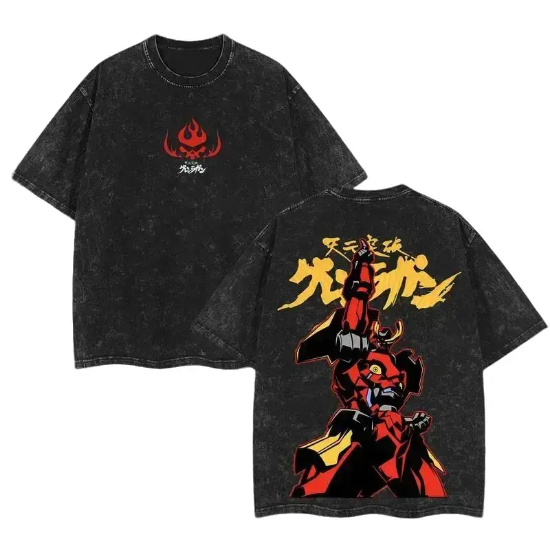 Women's Gurren Lagann Vintage Washed Heavyweight Short-Sleeve Top, Double-Sided Kamina & Simon Mecha Graphic Tee, Baggy Loose Casual Oversized Cotton Streetwear Shirt, Shortsleeve, Tshirt