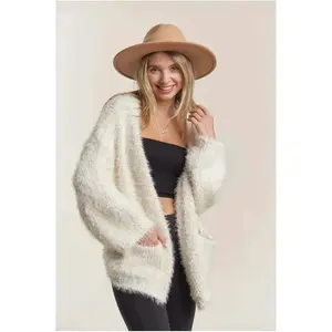 Ivory Open Front Fuzzy Cardigan With Lurex & Pockets