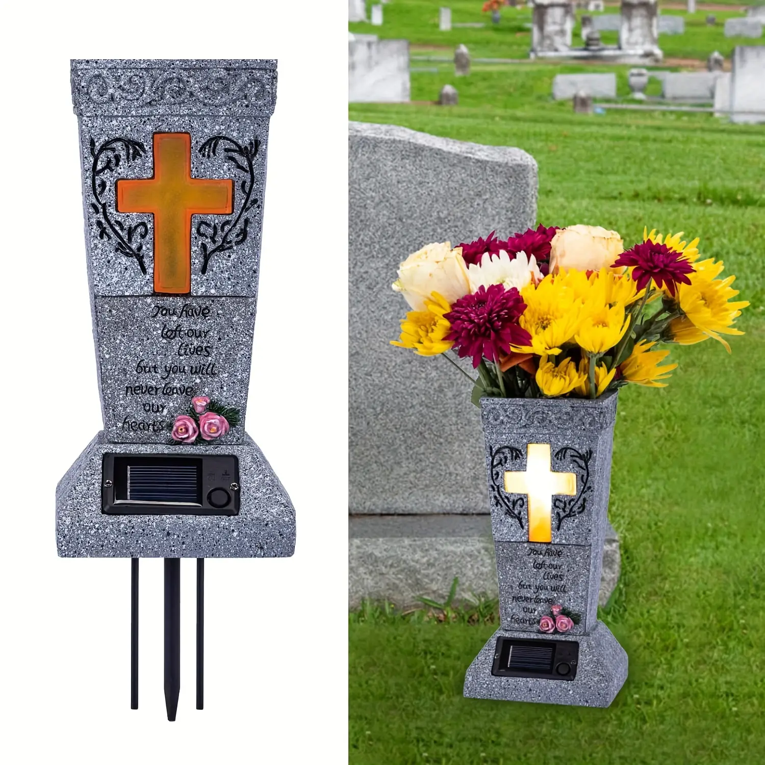 Solar Cemetery Grave Vase with LED – Headstone Flower Vase with Ground Spike for...