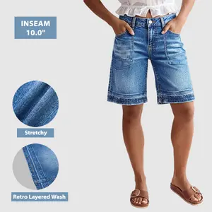 Flamingals Wash Patched Pocket Mid Waist Denim Bermuda Shorts Stretchy 10'' Inseam