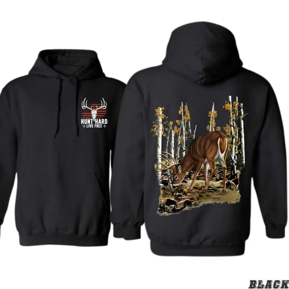 Hunters' Long-Sleeve Cotton Drawstring Pullover Hoodie Sweatshirt - Classic Fit, Deer Buck Forest Digital Print, All-Seasons Outdoor Casual Wear, Fall Hunting Gift Top
