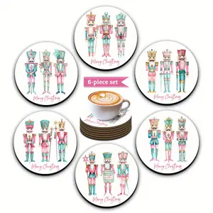 6pcs Cute Nutcracker Theme Round Wooden Coasters Heat Resistant, Decorative Coasters for Farmhouse Home, Office and Party, Perfect Choice for New Year Christmas Home Decor