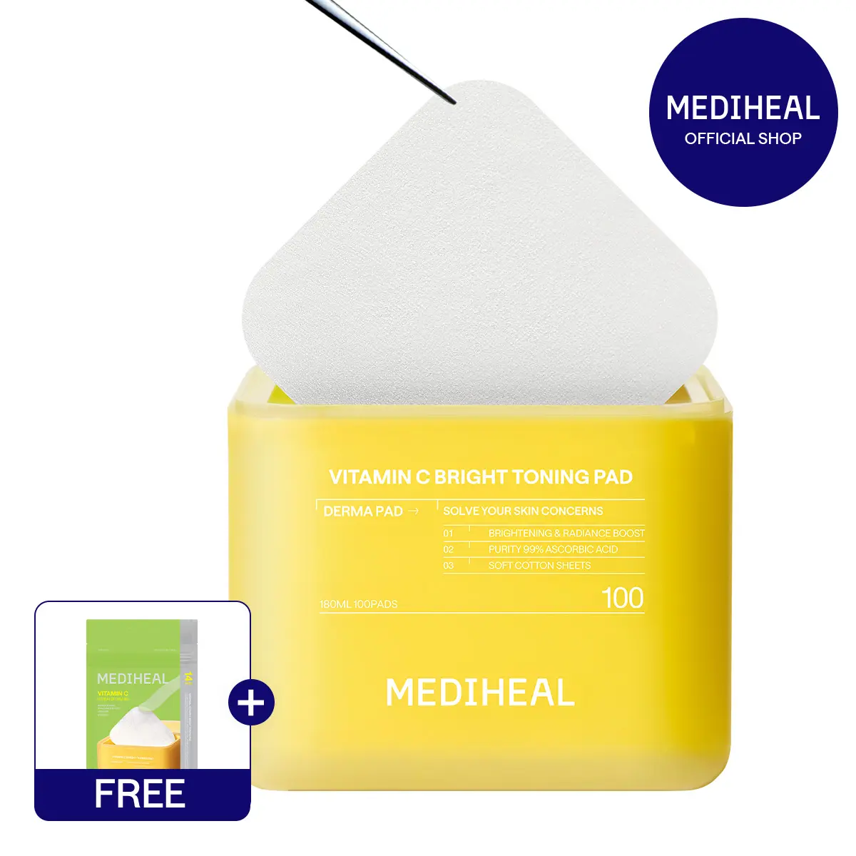 [MEDIHEAL] Vitamin C Bright Toning Pad (100 pc) | 7 Vitamin Complex + Glutathione & Niacinamide | Up to 30.57% Greater Tone Improvement with Vitamin Serum | Brightening, Glow & Dark Spot Care | Large Stretchable Square Pads | Korean Skincare