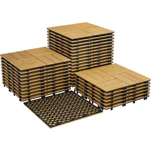 Yellow 33 Pack Acacia Wood Deck Tiles Interlocking, 12" x 12" (32 Sq ft Total Coverage), Non-Slip Water-Resistant Flooring for Outdoor Patio, Balcony, Poolside-DIY, Indoor & Outdoor Use