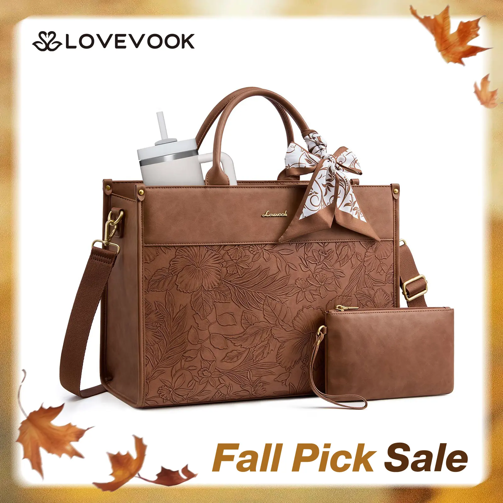 LOVEVOOK Laptop Tote Bag for Women,PU Leather Work Bag, Vintage Waterproof Business Teacher Bag