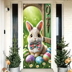 2D flat banner1pcEaster Eggs Bunny Door Cover Decoration Welcome Spring Backdrop Photography Banner Sign  Polyester Fabric Washable White Ribbon Easter Occasion HomeDecor HolidayParties Birthday Decorations Cartoon Animal Theme