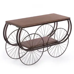 Vintiquewise QI004927 Vintiquewise Industrial Wagon Style Console Table Rustic Wood Top Large Spoke Metal Wheels & Lower Storage Shelf Vintage Accent Display Table
