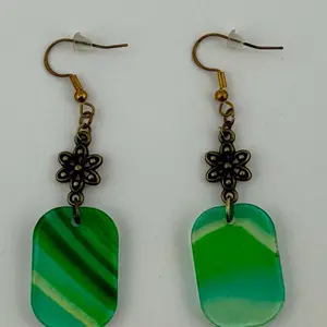 Emerald Bloom Earrings – Translucent Acrylic with Antique Brass Floral Accent