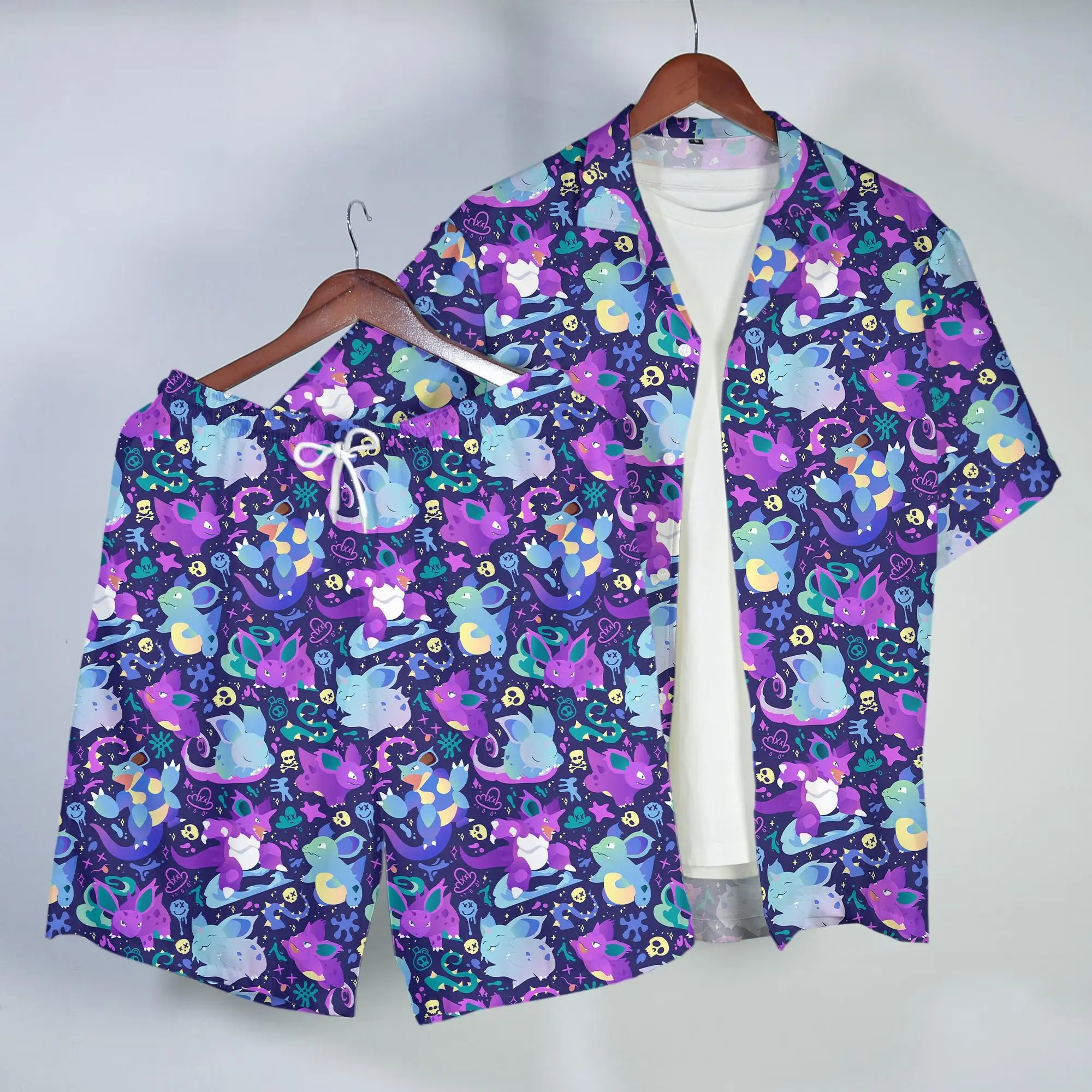 Nidoking Nidoran Hawaiian Shirt Cute Dark Pattern Button up Shirt Summer Beach Short Matching Set Unisex Outfit Nidoking Shirt Gifts