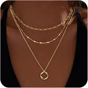 Layered Gold Necklaces for Women,Stackable Dainty 14K Gold Plated Trendy Circle Paperclip Chain Pendant Choker Necklace,Simpl Diamond Cross Bow Jewelry Set Gifts for Women