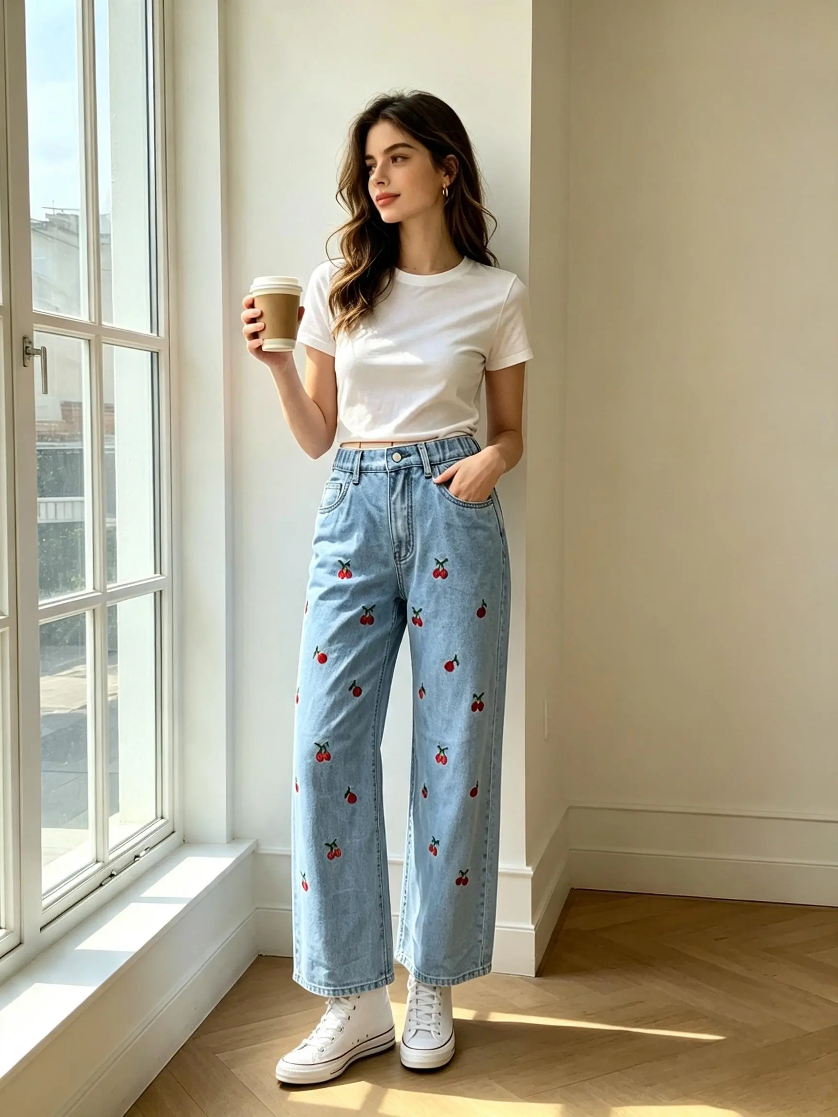 Women’s High Rise Light Blue Wide Leg Denim Jeans, All Over Cherry Embroidery Relaxed Loose Fit Baggy Pants, Cute Kawaii Jeans for School Shopping Weekend Vacation Bottoms Womenswear