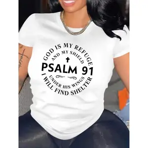 [100% Cotton] Stylish Faith-Inspired Graphic Tee- Soft Short Sleeve Comfort Fit Top With Psalm 91 Letter Print- Women'S Casual Wear For Everyday Faith Expression T-Shirt For Men And Women