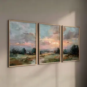 3 Count/set 3 Piece Vintage Fall Sunrise Landscape Print Triptych Muted Scenery Wall Art Soft Earthy Country Living Room Decor Instant Unframed Poster