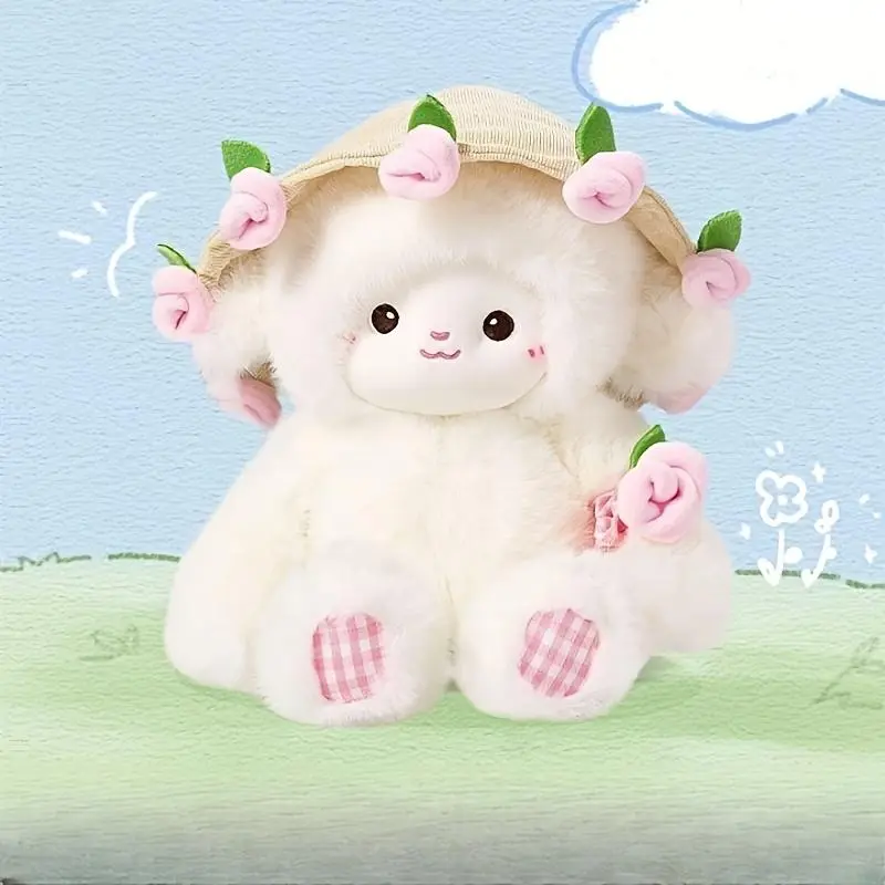 Fluffy Lamb Plush Doll - Cartoon Sheep with Plush Fur, Kawaii Look, Flower-Holding Design, Unisex Stuffed Toy for Kids' Perfect Birthday Gift