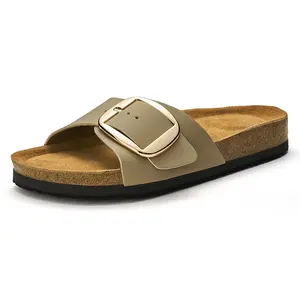 Trary Women Sandals Genuine Suede Insole Rubber Cork Footbed Adjustble Single-Strap Big Buckle, Clogs with Arch Support Memory Foam Flat Slippers for Commute Leisure