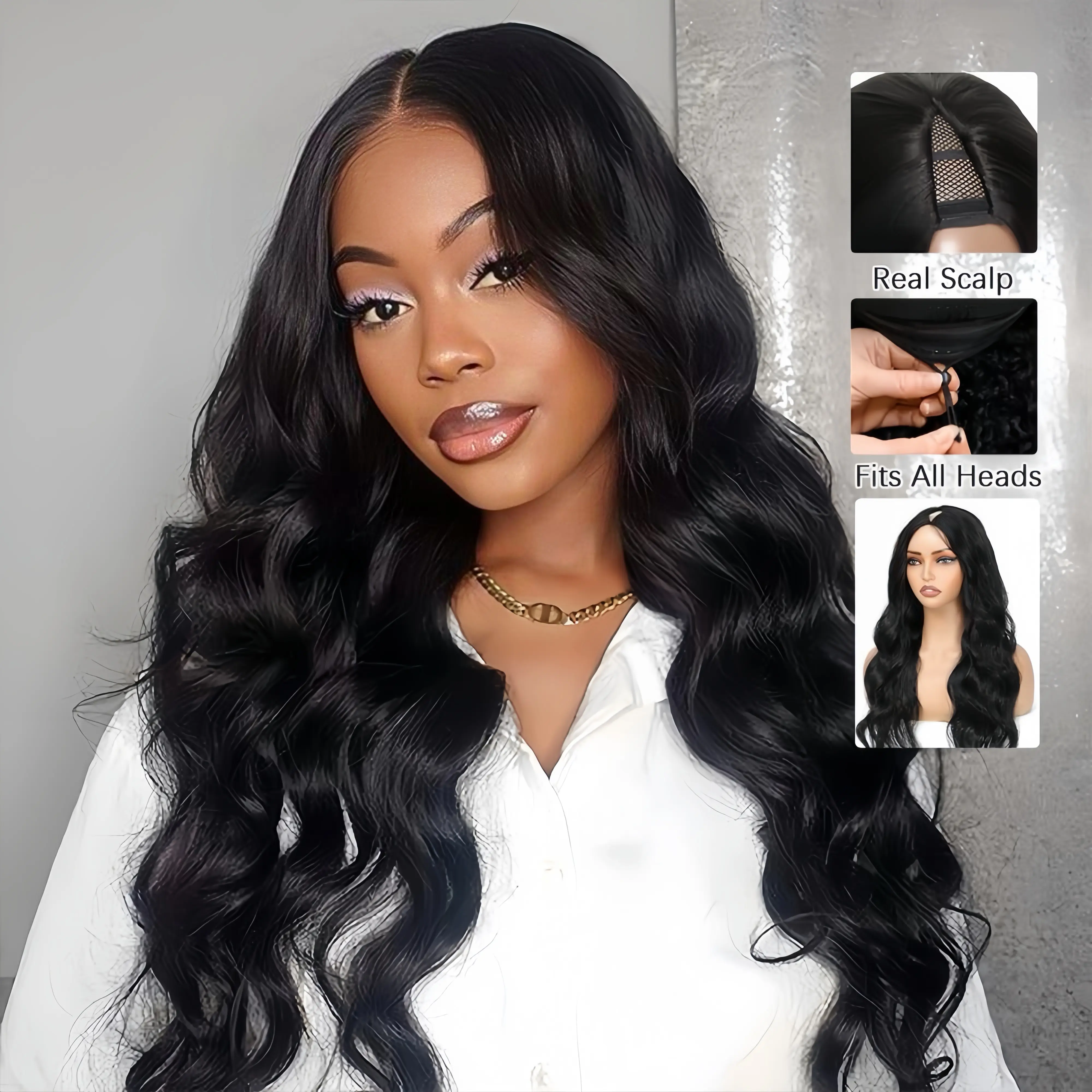 22 Inch Body Wave V Part Wig 200% Density Human Hair Drawstring Cap Body Wave V Part Human Hair Wigs No Leave Out Beginnger  main image 2