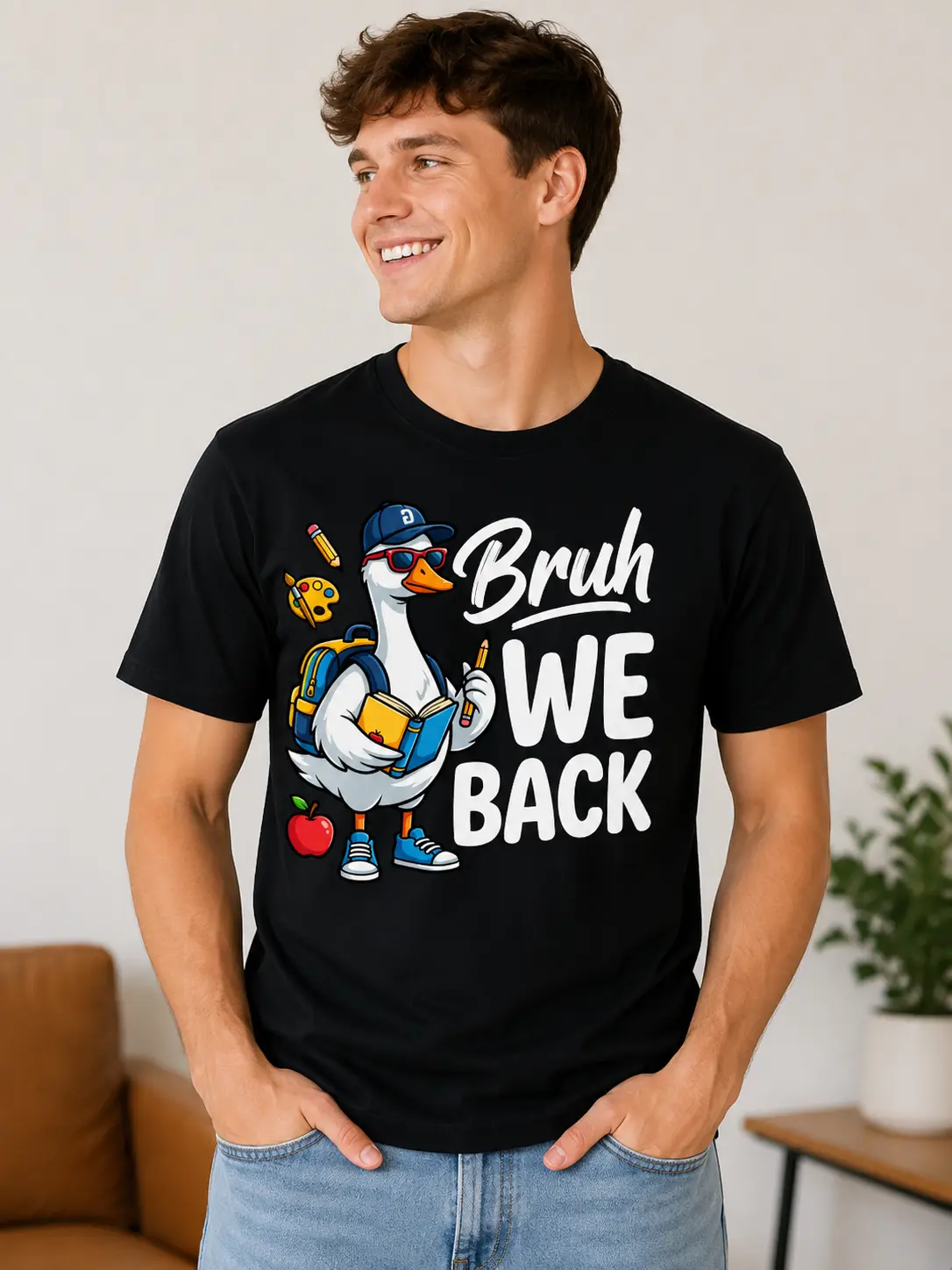 Bruh We Back Goose Shirt Funny Back to School Graphic Tee Cute Duck with Backpack Teacher Student T-Shirt Gift