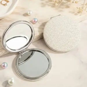 Double-Sided HD Makeup Mirror, Mini Portable PU Leather, Luxury French Style, Bee/butterfly Metal Decor, Round Flip-Top, Ideal for Travel & Gifts