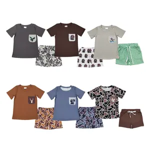 Trendy Boys’ Duck Hunting and Dog Chase Print Short Sleeve Set for Summer Kids Clothes