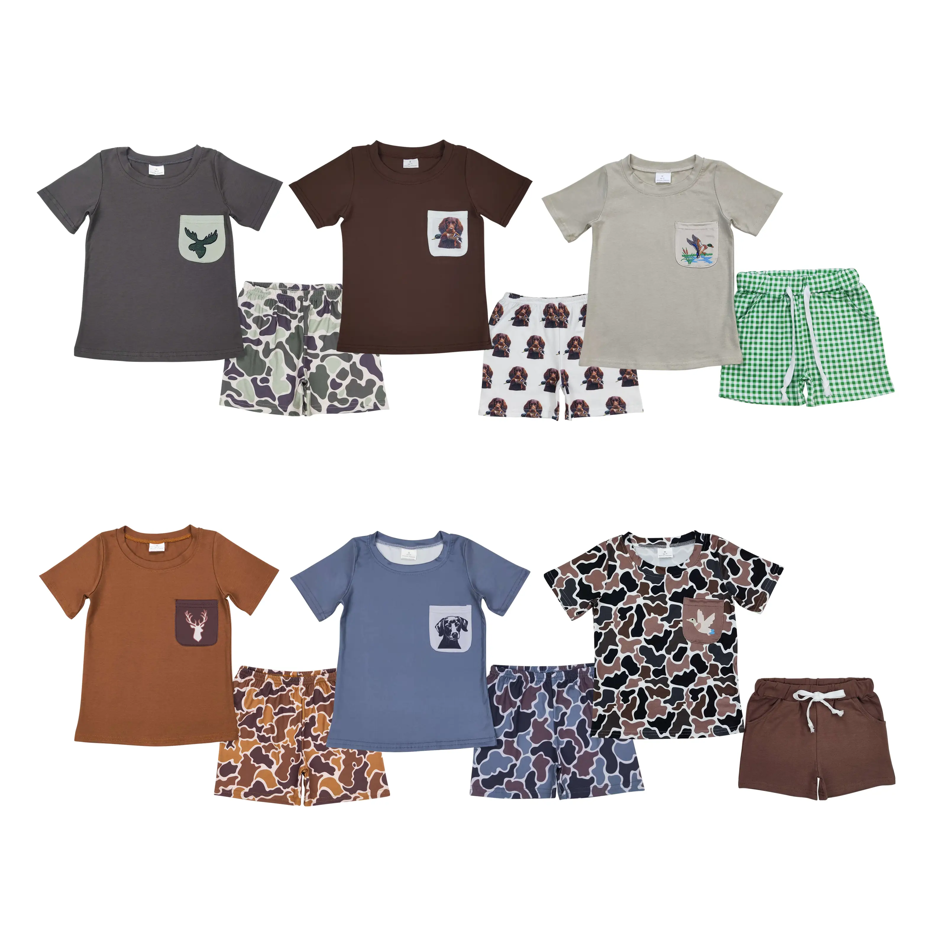 Trendy Boys’ Duck Hunting and Dog Chase Print Short Sleeve Set for Summer Kids Clothes