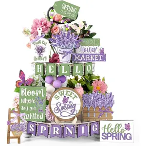 Spring Themed Tiered Tray Decor, 20pcs/set Lavender Flower & Letter Pattern Wooden Sign, Home Decor for Kitchen, Living Room, Bedroom, Ornaments