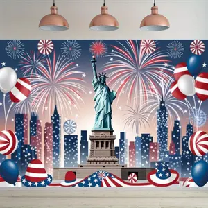 1PC,2D Flat American Independence Day Decorative Backdrop, Statue of Liberty Fireworks City - Themed Photo Backdrop, National Day Party Decoration Background Wall, Festival Event Shooting Prop
