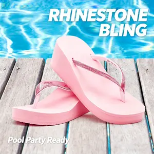 Lumubby Sparkly Rhinestone Wedge Heel Thong Sandals 2.52inch Platform Flip Flops Comfortable Casual Shoes for Summer Women's Y2K Inspired White Sandals Flatform Flipflop