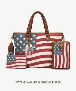 MONTANA WEST 3PCS SET VINTAGE AMERICAN FLAG TOTE BAG&WALLET&PHONE PURSE