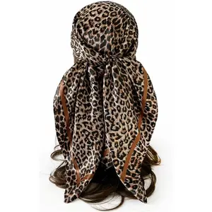 35" Large Square Satin  Scarf - Fashion Leopard Print Satin Scarves Silk Feel  Wrap for Women