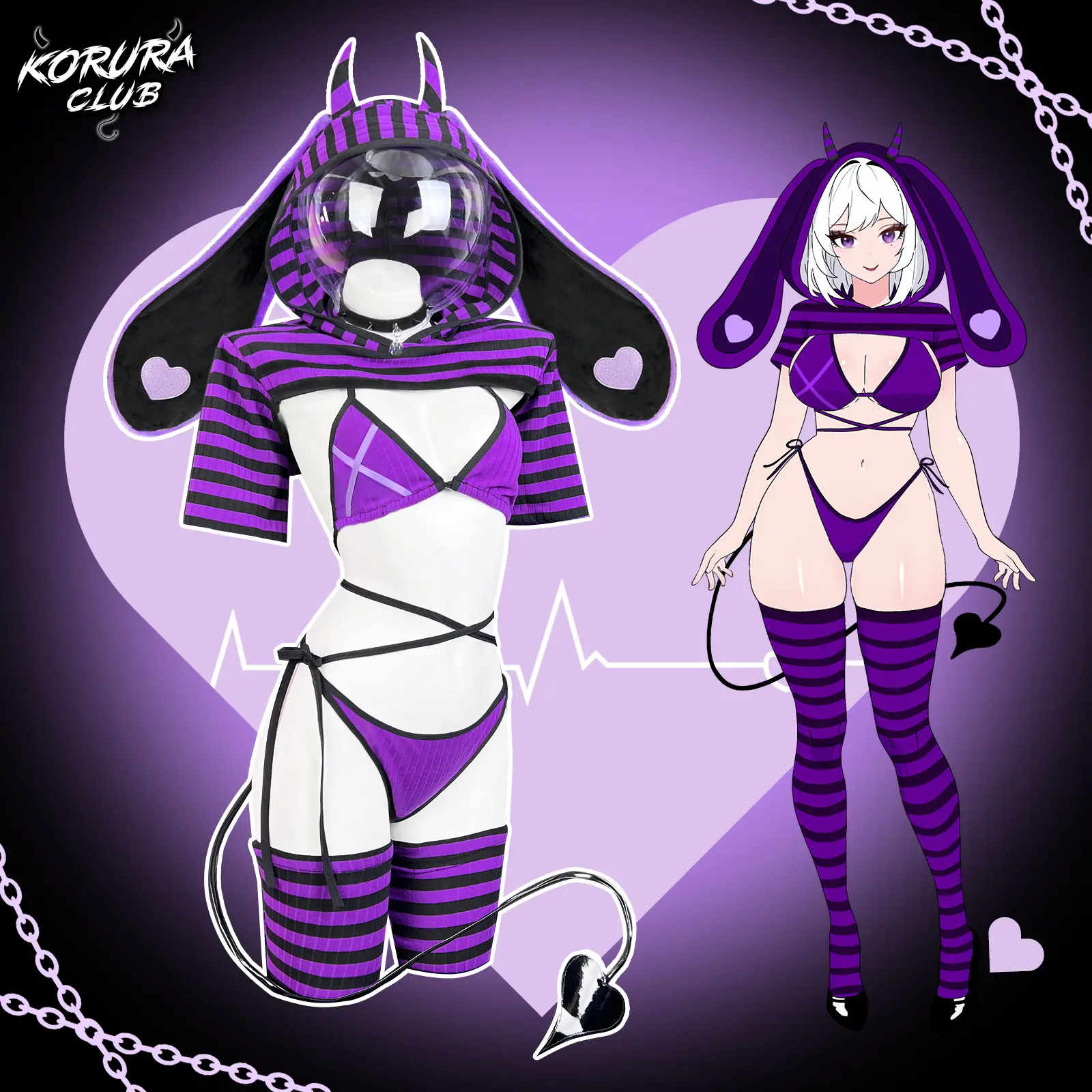 Koruraclub KO127 Women's Demon Bunny Halloween Costume - Purple-Black Striped Fabric Hooded Crop Top, Bikini Set, Thigh-High Socks - Women's Special Clothing for Party, Halloween Costume Ideas, Outfit Ideas