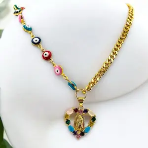 Good Luck Evil Eye Necklace 18" Virgin of Guadalupe Chain with Colorful Beads and Sacred Design jewelry women