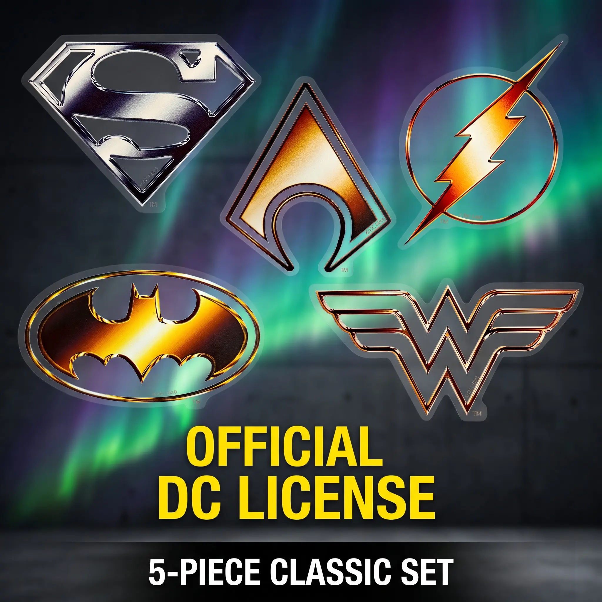 Official WB Justice League official sticker set of 5PCS Superman, Batman, Wonder Woman, Aquaman, Flash logo waterproof and UV resistant superhero logo stickers, suitable for cars, motorcycles, helmets, laptops