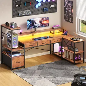 SEDETA 59 Inch L Shaped Gaming Desk with PC Display Stand Reversible Computer Desk with Storage Shelves 4 Drawer Modern Gamer Desk Table with LED Lights