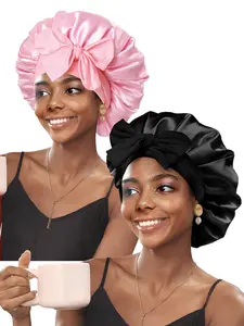 ZIHAN 2PC Double Layer Soft Sleeping Bonnet with Tie Band, Elastic Night Cap for Women's Curly Haircare, Pink Black Green