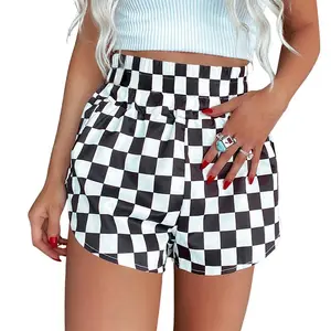 Womenswear Adjustable High-Waist Black and White Checkerboard Print Shorts with Drawstring Closure & Practical Pockets for Casual Outfit and Outdoor Activities high cut cheeky shorts