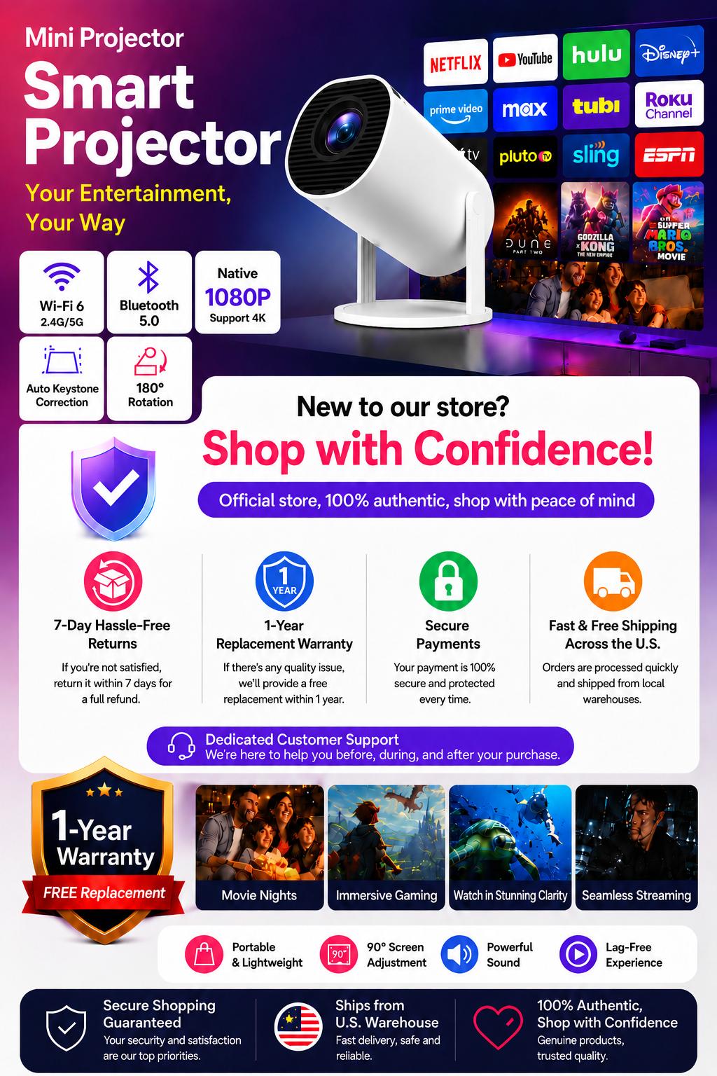 Mini Projector 350ANSI 720P Native 4K Decode | Android 13 Dual WiFi6 BT5.2 | Auto Keystone 130" Screen for Home Cinema | US Stock Mini Projector 350ANSI 720P Native 4K Decode | Android 13 Dual WiFi6 BT5.2 | Auto Keystone 130" Screen for Home Cinema | US Stock