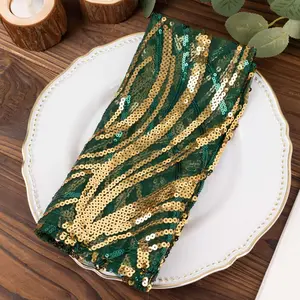 Sequin Mesh Napkin 20"x20" Hunter Emerald Green Gold - Wave Embroidered Dinner Napkin
