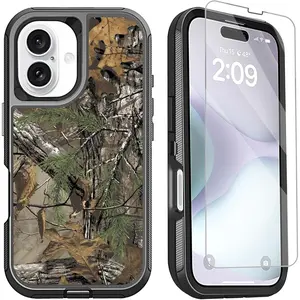 Compatible with iPhone 16 Phone Case with Screen Protector 3-Layer Full Body Shockproof Heavy Duty Protective Case for iPhone 16 Men Boys, Camouflage