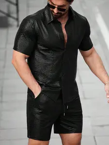 Men 2 piece sets - Men PU Leather Shirt and Drawstring Shorts Set Casual Night Out Outfit men’s shirts shirts for men vacation outfit male clothing vacation clothes spring and summer clothes summer outfits summer men clothes shorts for summer Menswear Top