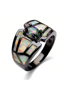 Edgy Geometric Statement Ring,Black Plated with Rainbow CZ & Fire Opal Daily Wear Streetwear Rings Jewelry Gifts for Men/Women