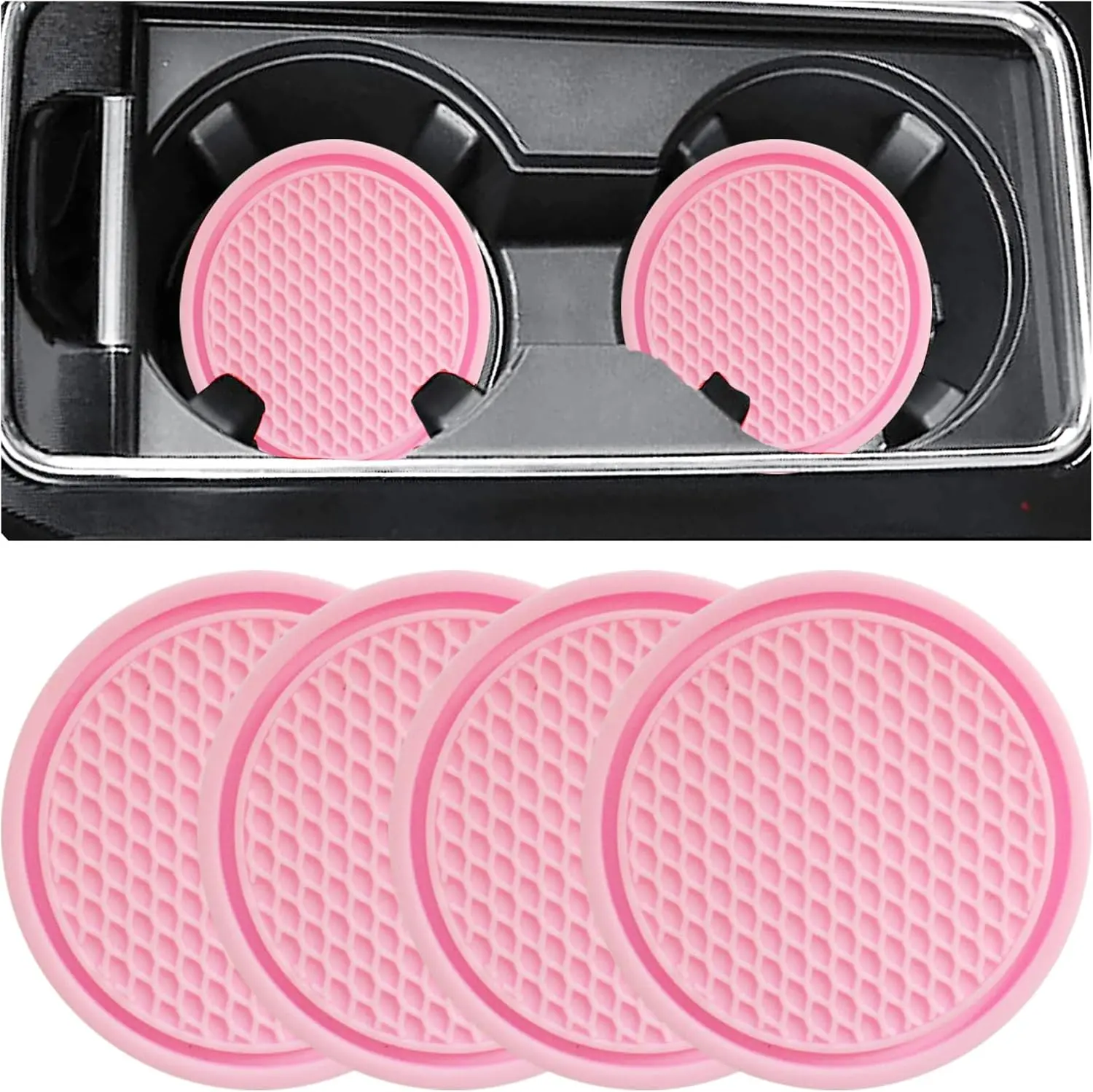 4PCS Pink Silicone Car Cup Coasters, Universal Non-Slip Auto Cup Holder Ornaments, Car Interior Anti-Slip Mat Accessories Set