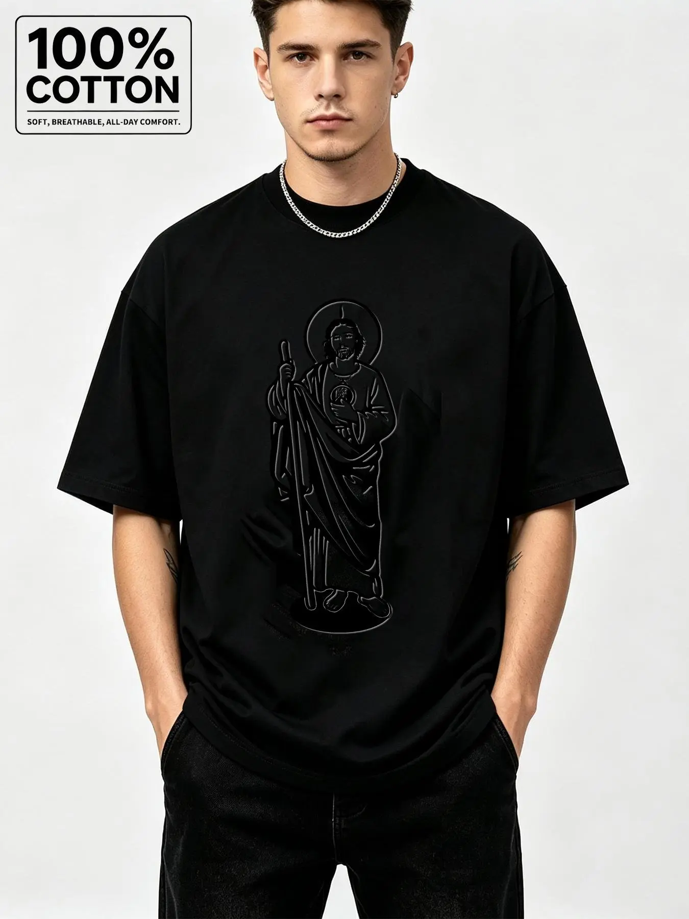 Local Store, T-shirts for men, Men's Shirts, Clothing for Men, T-shirts for men, White and black T-shirt featuring the image of Saint Judas Tadeo (180g), Religious Printing Design, High-Quality Printing, Cuello Redondo, Relaxed Setting Menswear Tshirt