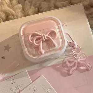 AirPods 4/Pro2 | Pink Grid 3D Pink Knot | Light Pink Ribbon Knot Pendant | Transparent White Earphone Case | Best Friend Gift | Suitable for AirPods 1 2 3 4 Pro Pro2