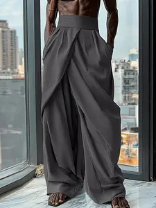 Men's Solid High Waist Pleated Wide Leg Pant, Casual Streetwear Pants, Streetwear Casual Loose Fit Fold Cross Trousers for All Season, Fashion Men's Bottoms for Daily Wear, Athleisure Bottoms